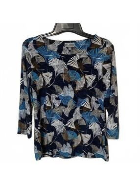 JM Collection Blue Abstract Artsy 3/4 Sleeved Career Business Blouse Medium